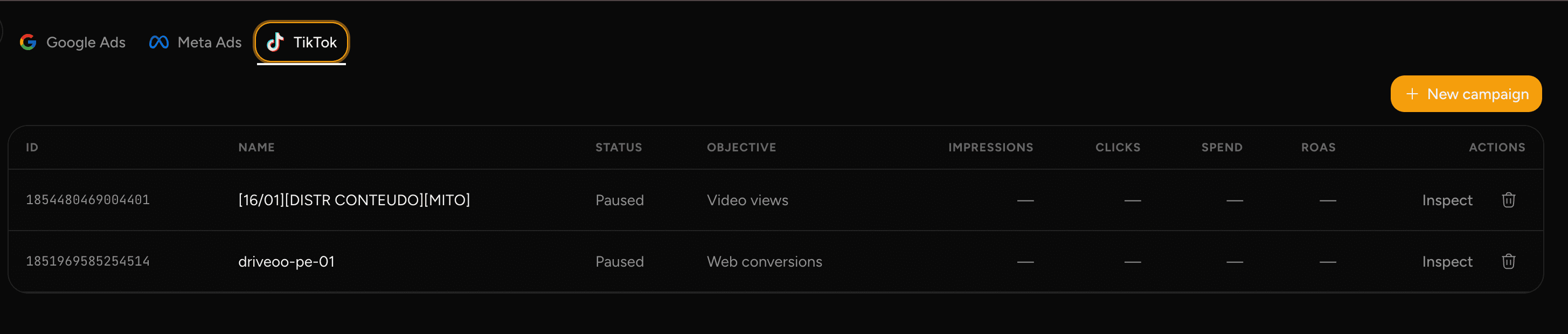 Lista de campanhas por plataforma (Google, Meta e TikTok)