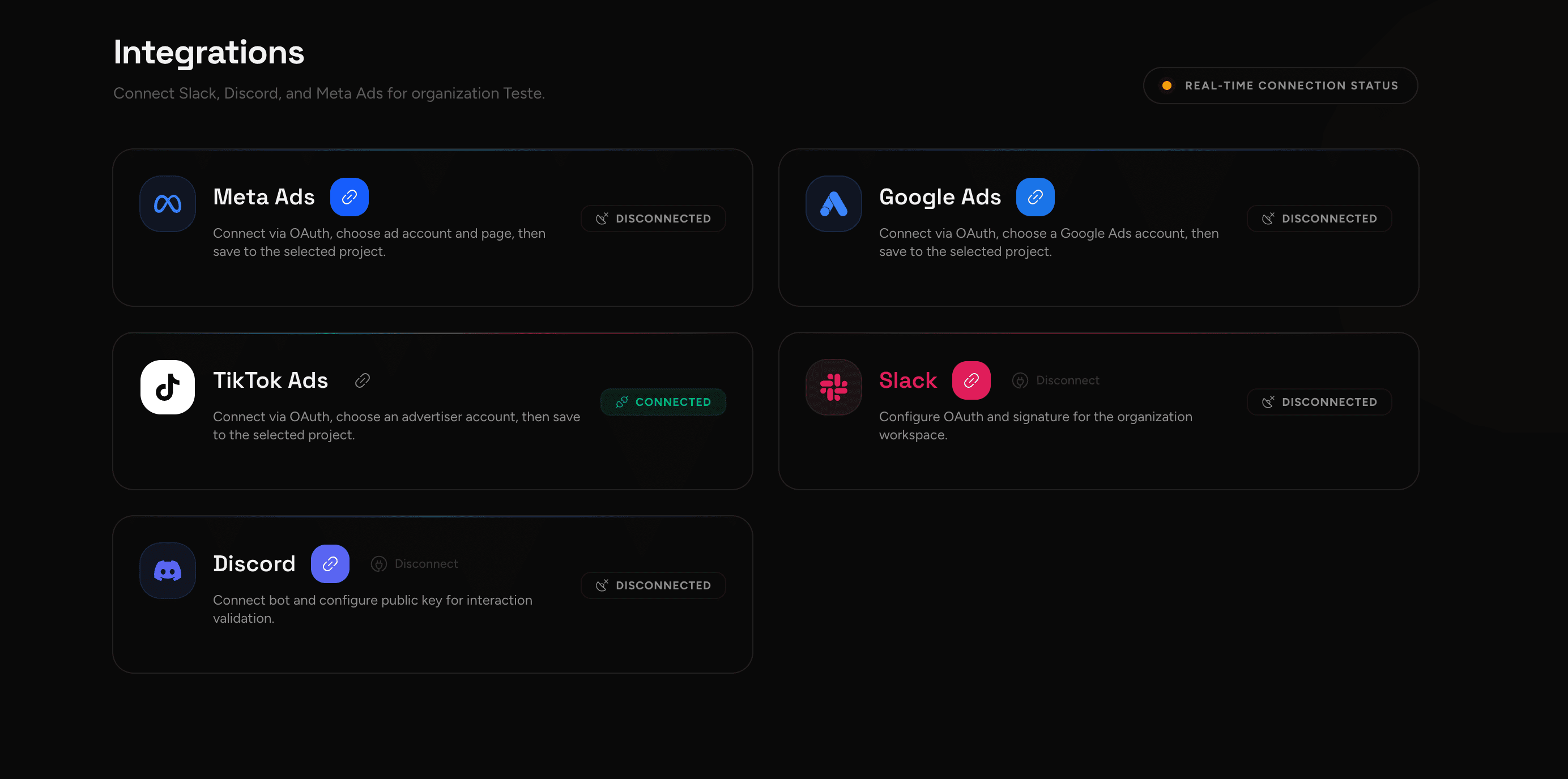 Tela de Integrações conectando Meta, Google, TikTok, Slack e Discord